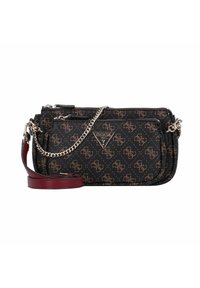 Borsa a tracolla a motivo nero e marrone, realizzata in materiale sintetico, con hardware argentato, una tracolla a catena e una tracolla in pelle rossa removibile.