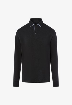 Zwarte longsleeve polo met een gestructureerde stof, drie knopen op de kraag en een contrasterende lichtblauwe streep op de rand van de kraag.