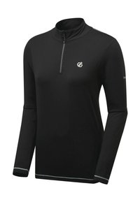 Schwarzes Langarm-Quarter-Zip-Oberteil aus glattem Material. Verfügt über ein silbernes Logo auf der Brust und reflektierende Akzente an den Nähten.