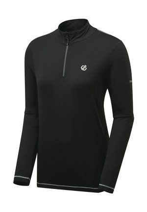 Schwarzes Langarm-Quarter-Zip-Oberteil aus glattem Material. Verfügt über ein silbernes Logo auf der Brust und reflektierende Akzente an den Nähten.