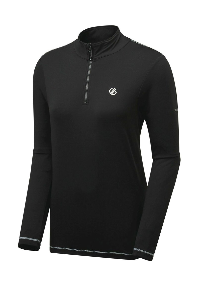 Schwarzes Langarm-Quarter-Zip-Oberteil aus glattem Material. Verfügt über ein silbernes Logo auf der Brust und reflektierende Akzente an den Nähten.