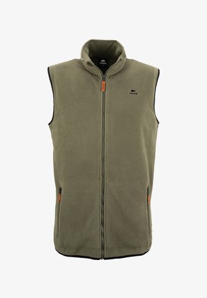 Chaleco de forro polar verde oliva con cuello alto, cierre frontal completo, bolsillos laterales y borde negro contrastante. Destacada tira naranja del cierre.