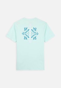 T-shirt vert menthe clair à manches courtes. Doté d'un design graphique bleu et blanc avec des éléments botaniques au dos.