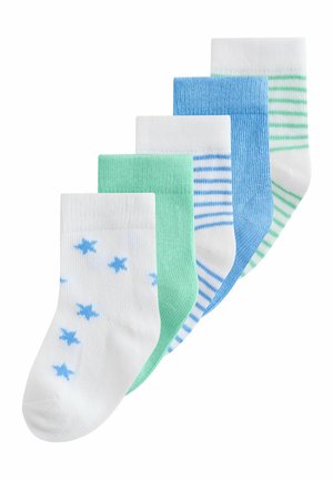Five pairs of baby socks in white, green, and blue colors; patterns include stars, stripes, and solid colors.