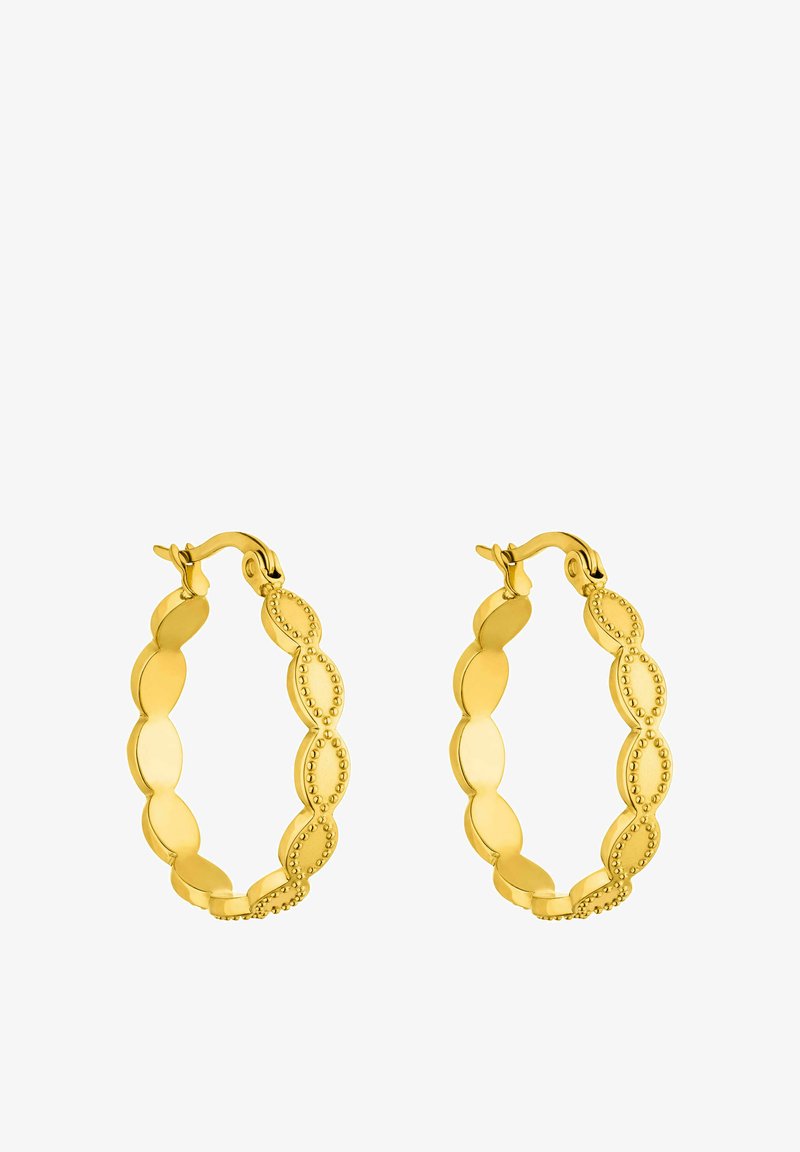 Goldene Creolen mit einem abwechselnden Design aus ovalen und runden Perlen. Glatte Oberfl äche mit sicherem Verschluss. Durchmesser ist moderat, geeignet für den täglichen Gebrauch.