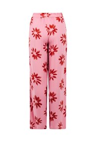 Roze broek met een bloemenpatroon in rood. Gemaakt van lichtgewicht stof, met een elastische tailleband en een rechte pijp.