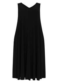 Zwarte mouwloze jurk met een V-hals, gemaakt van zachte stof, met een A-lijn silhouet en zijzakken voor praktisch gebruik.