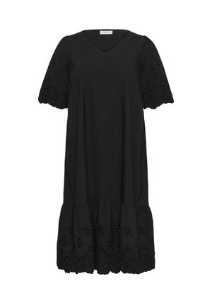 Rochie neagră cu decolteu în V, mâneci scurte tip puff cu modele florale brodate și tiv cu volane în straturi. Textură netedă pe toată suprafața.