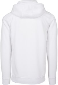 Hvit hettegenser med lange ermer, ribbestrikkede mansjetter og nederkant, glatt tekstur, ren design og ingen synlige logoer eller mønstre.