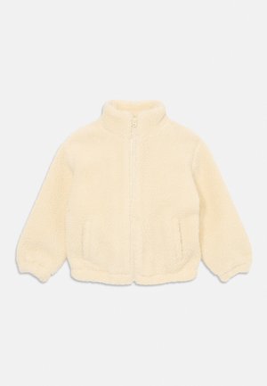 Kremowa polarowa kurtka z kołnierzem stojącym, pełnym zamkiem z przodu, długimi rękawami, elastycznymi mankietami i dwoma bocznymi kieszeniami.