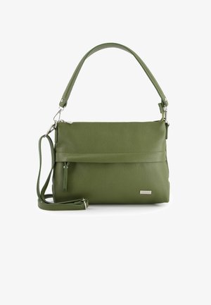 Grønt læder håndtaske med en tekstureret overflade. Har en toppen håndtag og aftagelig skulderrem, lynlås lukning og en forreste lomme.