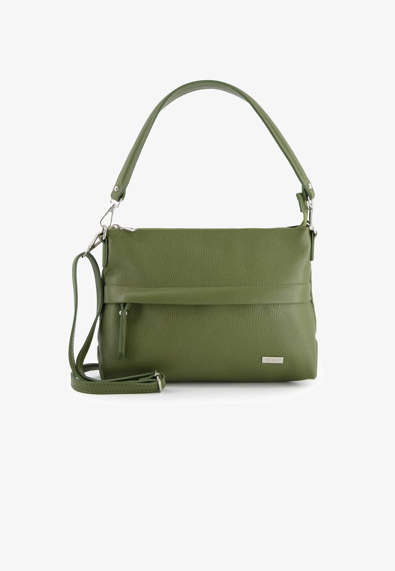 Groene leren handtas met een gestructureerde afwerking. Voorzien van een bovenhandvat en een afneembare schouderband, ritsluiting en een voorvak.