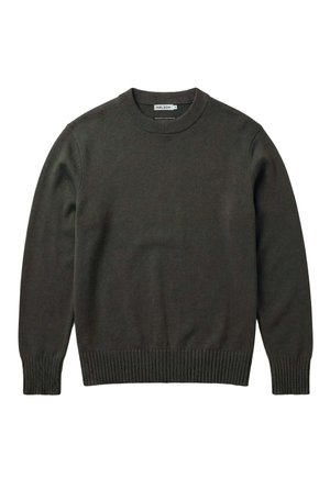 Donkergroene trui met ronde hals, lange mouwen en geribde manchetten en zoom, plat gelegd met de voorkant zichtbaar.