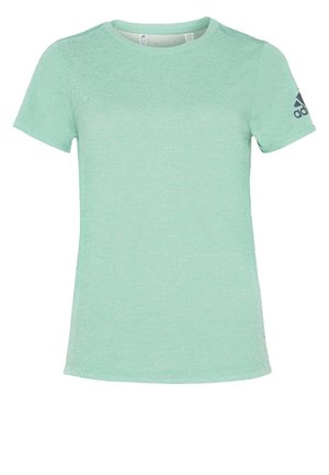 Mintgroene Adidas T-shirt met korte mouwen, ronde hals en zwart Adidas-logo op de linkermouw.