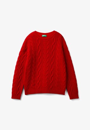 Pull en tricot rouge avec des manches longues, un col rond et un ourlet côtelé. Présente des motifs texturés sur l'ensemble du tissu.