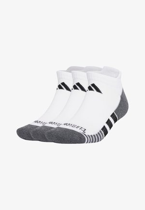 Bijele sportske čarape sivi peti i dijelu prstiju, s crnim prugastim dizajnom i brendiranjem na rubu. Prikazane tri pare.