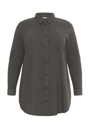 Dark gray button-up shirt with a collar, long sleeves, a single chest pocket, and a curved hem. Smooth texture, minimal design.