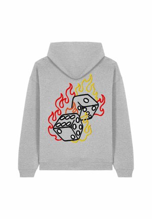 Gray hoodie featuring an embroidered design of two dice surrounded by red and yellow flames on the back. Soft texture, casual fit.