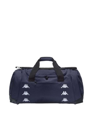 Sac de sport bleu marine avec poignées noires, poche avant zippée, et logos de marque blancs répétitifs de chaque côté.