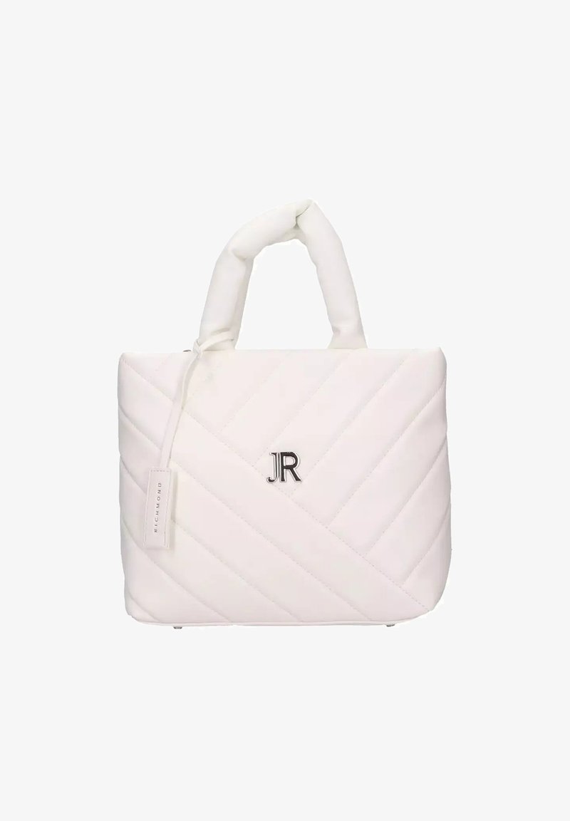 Borsa a tracolla bianca trapuntata con una forma strutturata, caratterizzata da un logo "JR" e una morbida maniglia imbottita per il comfort. I dettagli includono un'etichetta sospesa.