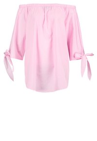Top rosa senza spalline realizzato in tessuto leggero. Presenta una vestibilità ampia, maniche a tre quarti con dettagli a cravatta ai polsi.