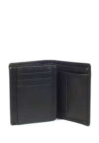 Zwart leren portemonnee met meerdere pasjesvakken en een compartiment voor biljetten, met een gestructureerde afwerking en een schoon, eenvoudig ontwerp.