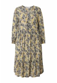 Robe à imprimé floral avec un décolleté en V, des manches longues et une taille froncée. Les couleurs incluent le bleu marine, le jaune et le blanc avec un design fluide.
