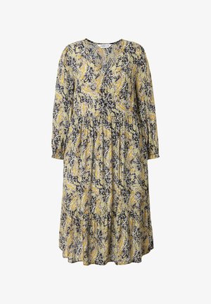 Blumendruckkleid mit V-Ausschnitt, langen Ärmeln und gerafftem Taillenbereich. Die Farben umfassen Marineblau, Gelb und Weiß mit einem fließenden Design.