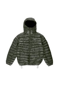 Kurtka z pikowaniem na zamek w ciemnozielonym kolorze, wyposażona w kaptur, pikowany wzór, elastyczny dół oraz miękką czarną podszewkę.