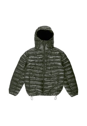 Kurtka z pikowaniem na zamek w ciemnozielonym kolorze, wyposażona w kaptur, pikowany wzór, elastyczny dół oraz miękką czarną podszewkę.