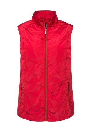 Rød ærmeløs vest lavet af skinnende nylonstof, med høj krave, frontlynlås og to sidelommer med lynlås.
