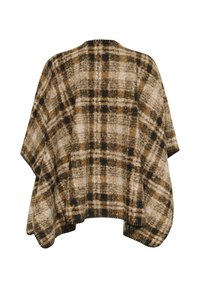 Brun- och beige-rutig poncho, tillverkad av mjukt material, med en lös, flödande design som har en öppen framsida och rundade kanter.