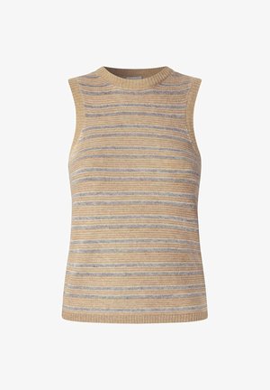 Bežinis ir šviesiai mėlynas dryžuotas be rankovių megztinis, su apvalia iškirpte ir minkštu, tekstūruotu paviršiumi. Paprastas, prie kūno priglundantis dizainas.