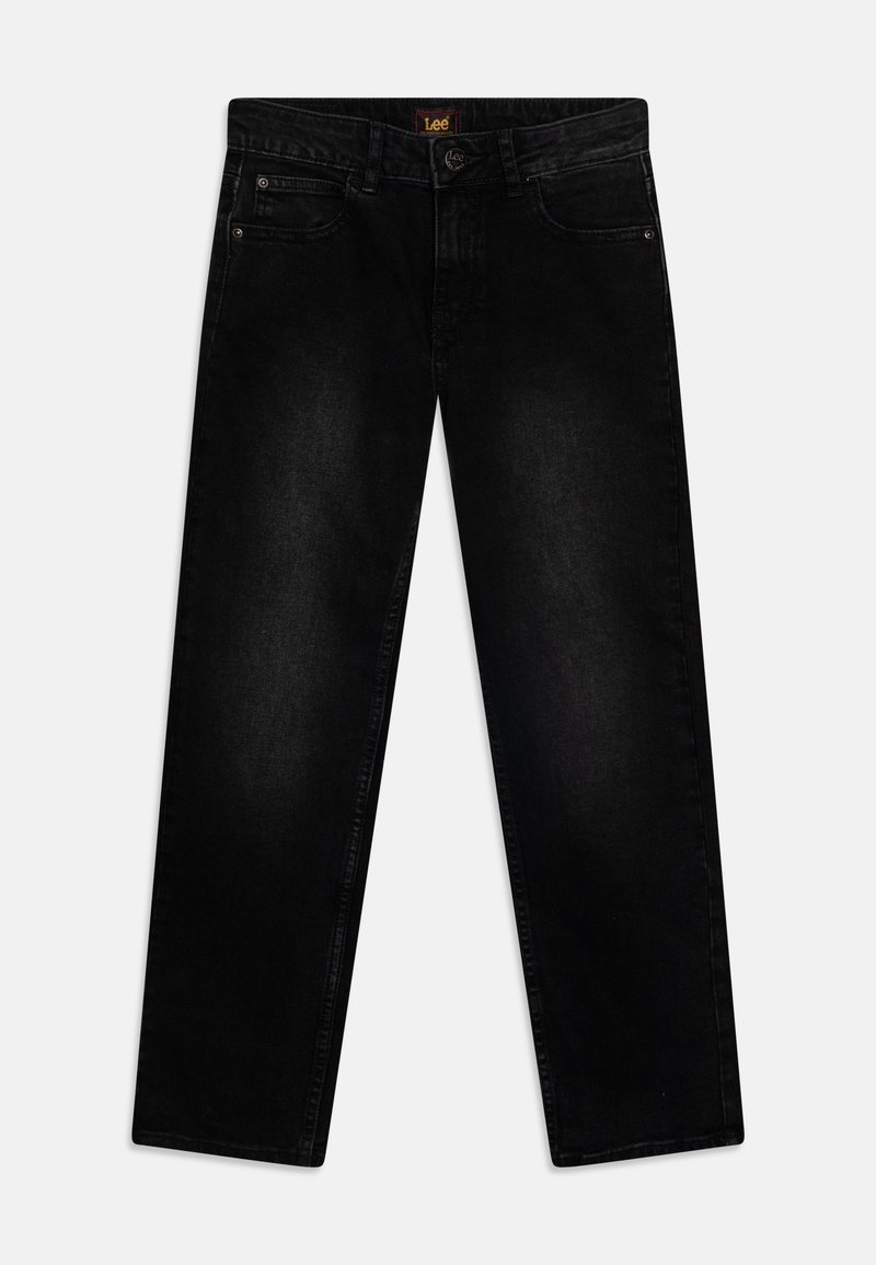 Jeans in denim nero con taglio dritto, dotati di chiusura con bottoni, passanti per cintura e tasche frontali. Texture liscia, dettagli minimi.