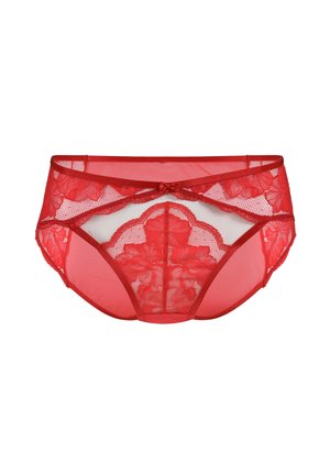 Czerwone koronkowe majtki z kwiatowym wzorem, siateczkowymi bokami i dekoracyjną kokardką z przodu. Projekt zawiera zarówno nieprzezroczyste, jak i przezroczyste elementy.