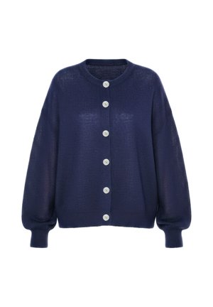 Granatowy, dziany kardigan z długimi bufiastymi rękawami i sześcioma białymi guzikami z przodu, okrągłym dekoltem i ściągaczami przy mankietach.