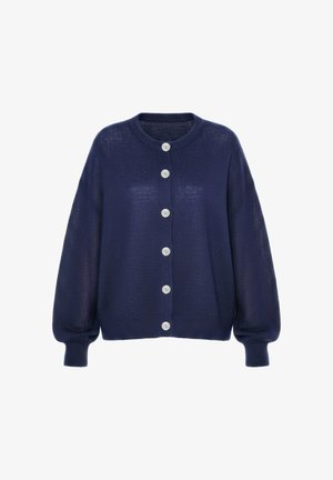 Navy blue knit cardigan with long puffed sleeves and six white buttons down the front, round neckline, and ribbed cuffs.