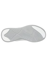 Sohle eines Schuhs in Hellgrau mit strukturierten Mustern und weißen Akzenten. Das Design umfasst Rillen für besseren Halt und Stabilität.