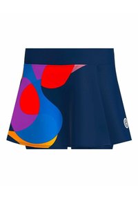 Falda con una base azul marino y patrones geométricos coloridos en rojo, azul, púrpura y naranja. Hecha de un material suave y elástico.
