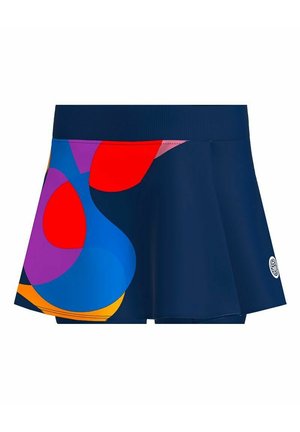 Rok met een marineblauwe basis en kleurrijke geometrische patronen in rood, blauw, paars en oranje. Gemaakt van een zachte, rekbare stof.