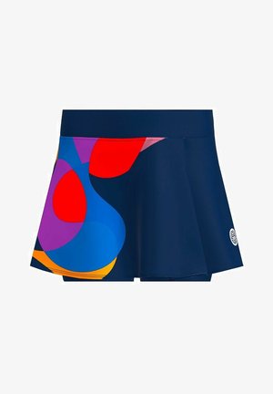 Gonna con una base blu navy e motivi geometrici colorati in rosso, blu, viola e arancione. Realizzata in materiale morbido e elasticizzato.