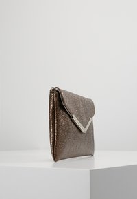 Pochette en bronze métallique à finition texturée, rabat angulaire, ornements en métal argenté, forme rectangulaire. Extérieur en tissu lisse.