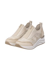 Scarpe sportive beige con rivestimenti in tessuto e texture, chiusura con zip, punta rotonda e suola chunky con bordo bianco.