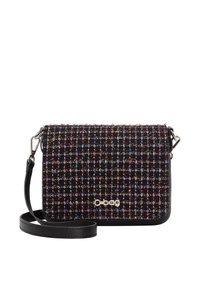 Svart och flerfärgad texturerad tyg axelremsväska med luckstängning, silverfärgade detaljer och justerbar rem. Logotypen visas på framsidan.