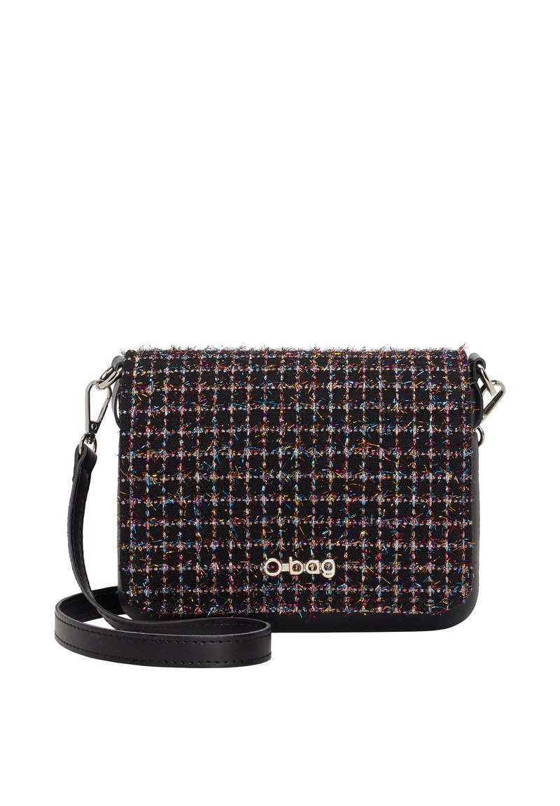 Svart och flerfärgad texturerad tyg axelremsväska med luckstängning, silverfärgade detaljer och justerbar rem. Logotypen visas på framsidan.