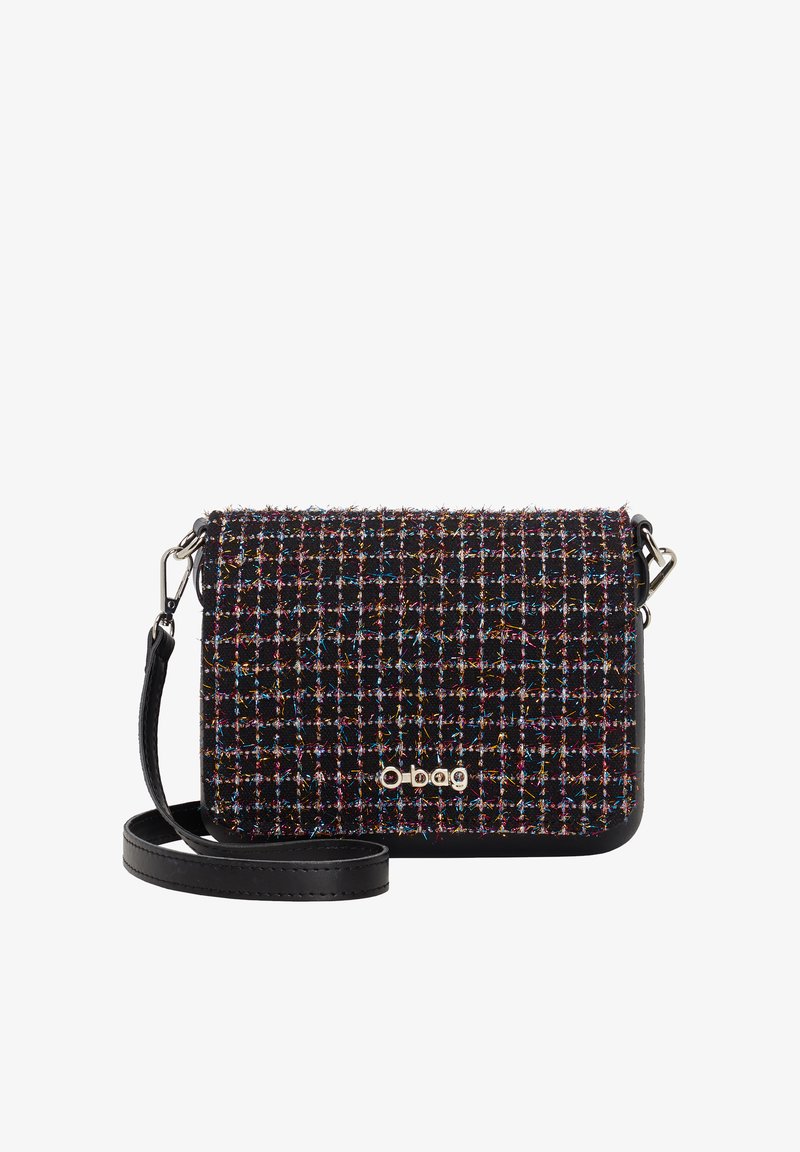 Svart och flerfärgad texturerad tyg axelremsväska med luckstängning, silverfärgade detaljer och justerbar rem. Logotypen visas på framsidan.