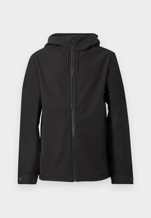 Black hooded jacket with front zipper, adjustable drawstrings, long sleeves, and snap-button cuffs on a plain background.