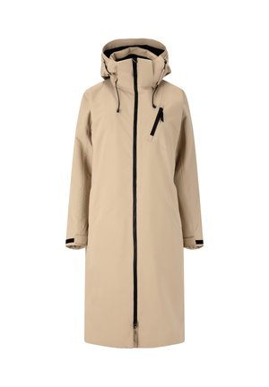 Beige vandtæt jakke med hætte, lange ærmer, forreste lynlås og en brystlomme med en sort lynlåsdetalje. Glat tekstur, knæ-længde design.