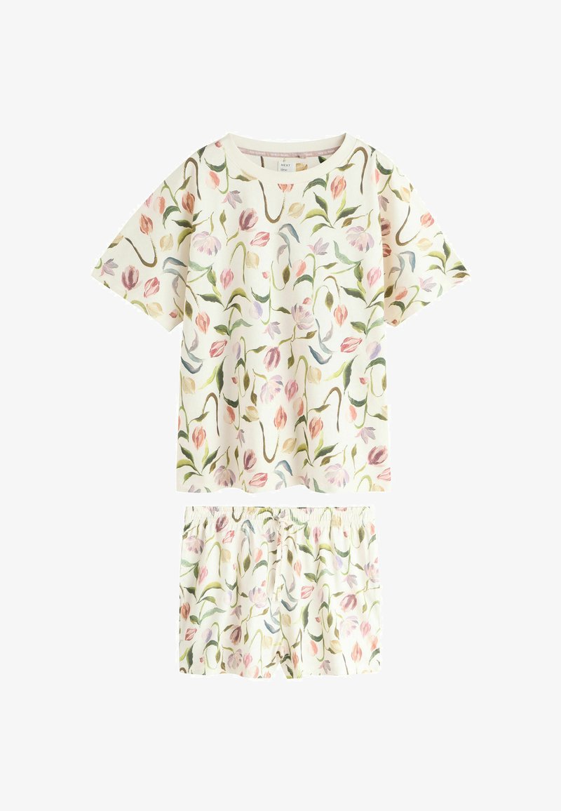 Miękki kremowy komplet piżamowy z krótkimi rękawami i szortami, ozdobiony delikatnym pastelowym, kwiatowym i liściastym wzorem na całej powierzchni.