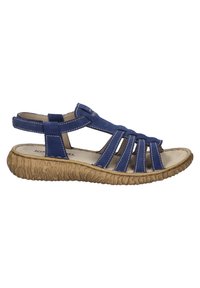 Blauwe leren sandaal met meerdere banden, een gevoerde binnenzool en een gestructureerde rubberen zool. Voorzien van witte stiksels en een verstelbare band.